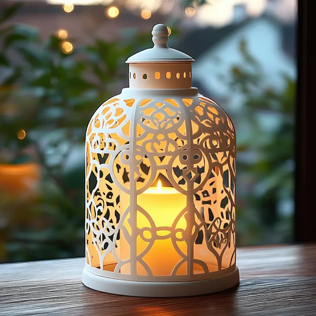 A white cutout lantern with a lit candle glows on a wooden table as blurred green foliage and warm bokeh lights fill the background.