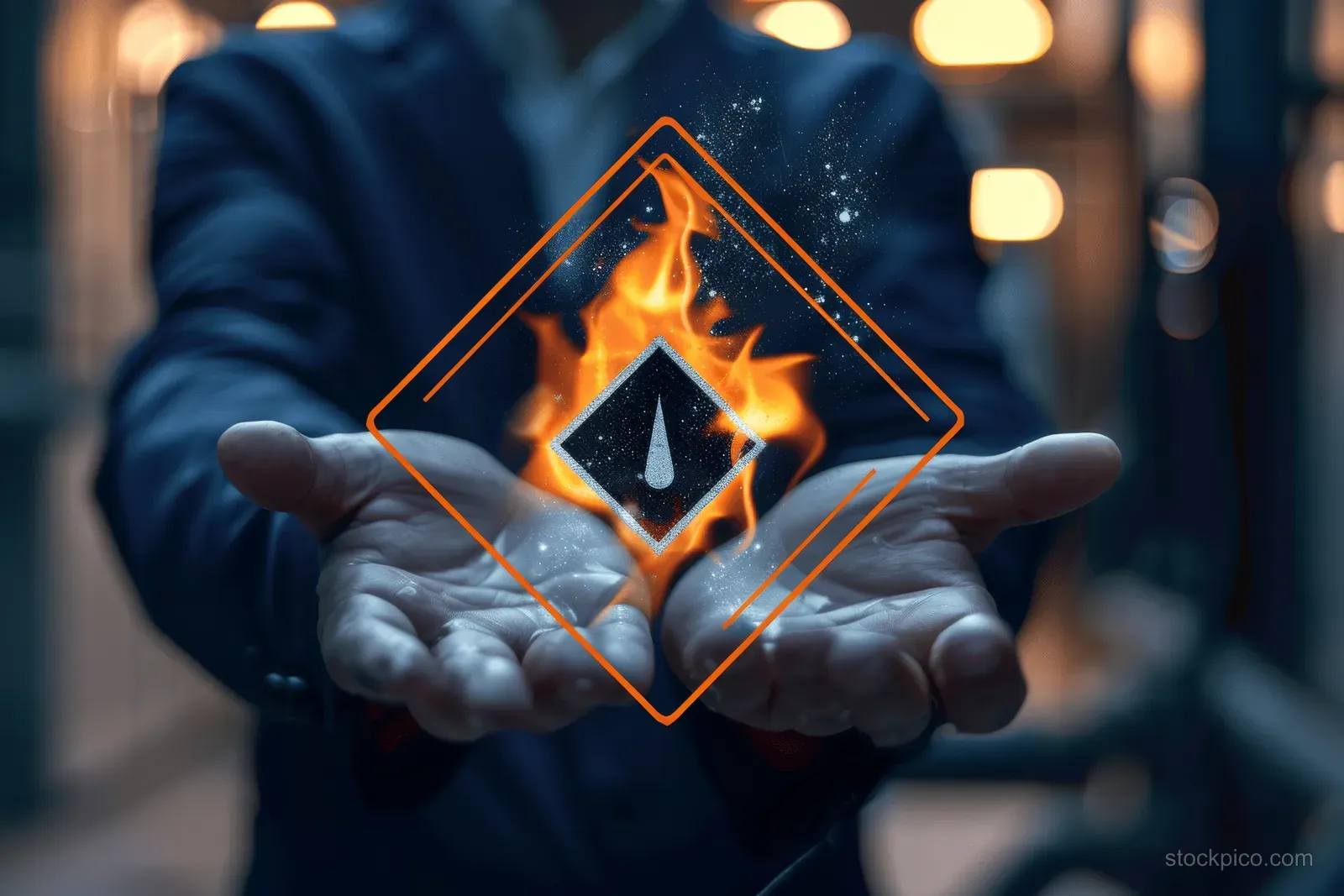 A factory worker in gloves holds a hazardous chemical warning sign showing a flame symbol.