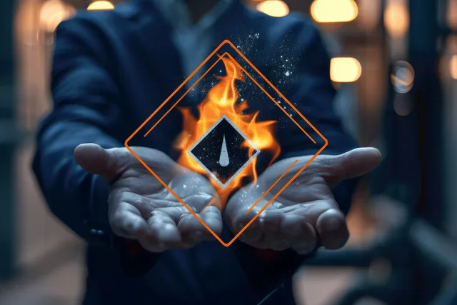 A factory worker in gloves holds a hazardous chemical warning sign showing a flame symbol.