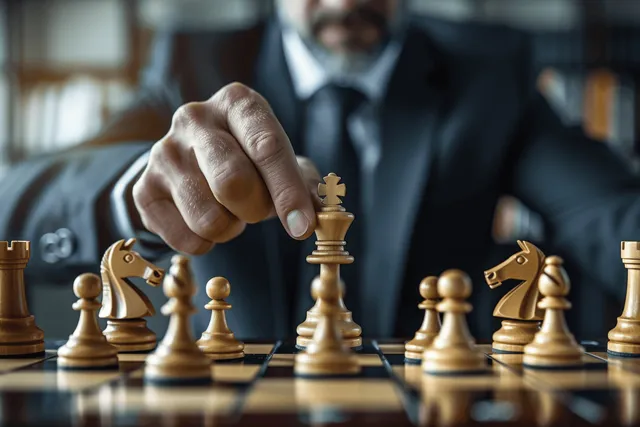 An executive’s hand moves a chess king piece on a chessboard amid business surroundings.