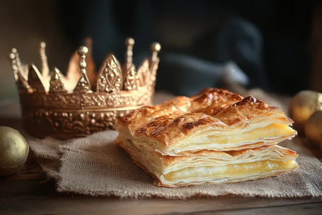 A slice of epiphany puff pastry cake with visible layers rests on burlap next to a golden crown and candles.