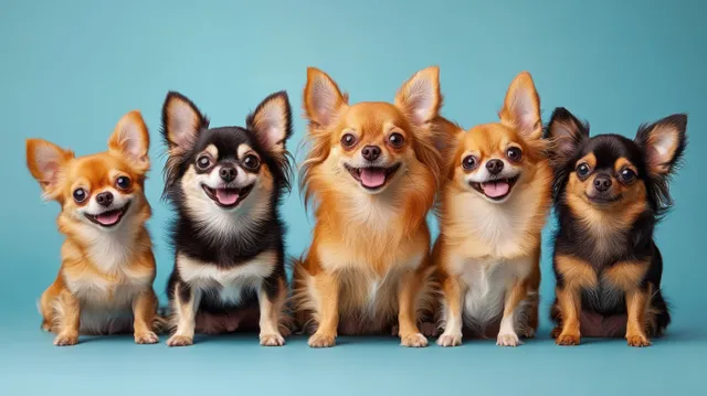Five small chihuahua puppies sitting side by side on a blue studio backdrop