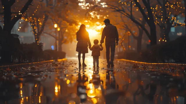 Silhouetted family holding hands while walking on wet ground, glowing streetlights reflecting around them at night.