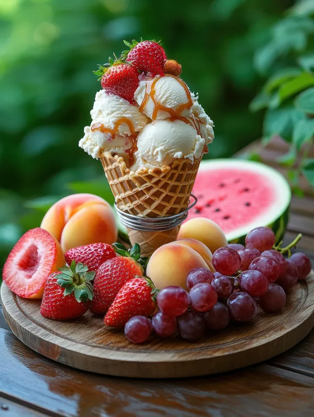 A waffle cone of vanilla ice cream topped with strawberries and caramel beside grapes and watermelon on a wooden platter.