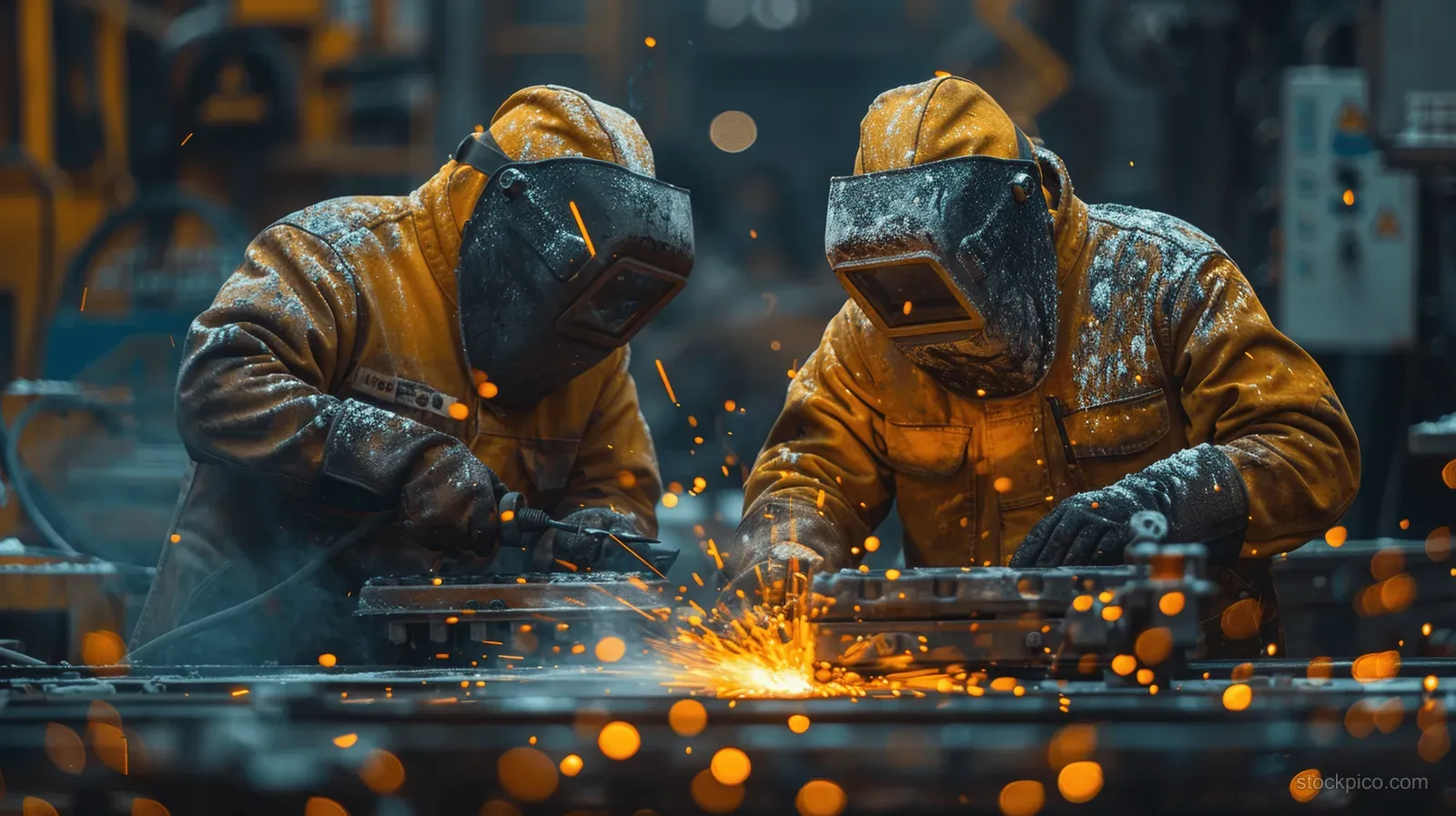 Two welders in protective masks arc-weld metal components as bright sparks scatter in an industrial workshop.