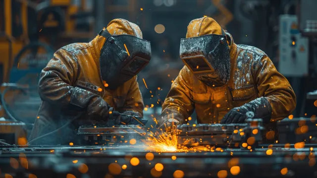 Two welders in protective masks arc-weld metal components as bright sparks scatter in an industrial workshop.