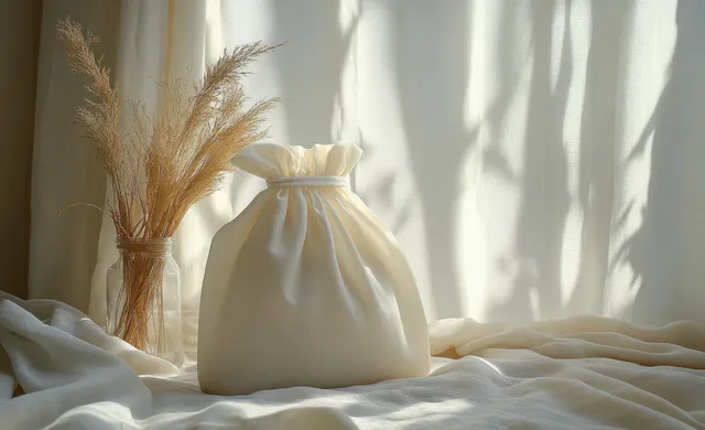 White fabric pouch tied with ribbon on bed with soft window shadows
