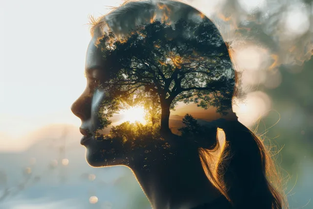 Woman profile silhouette with tree double exposure, sunrise light, calm mental health mood