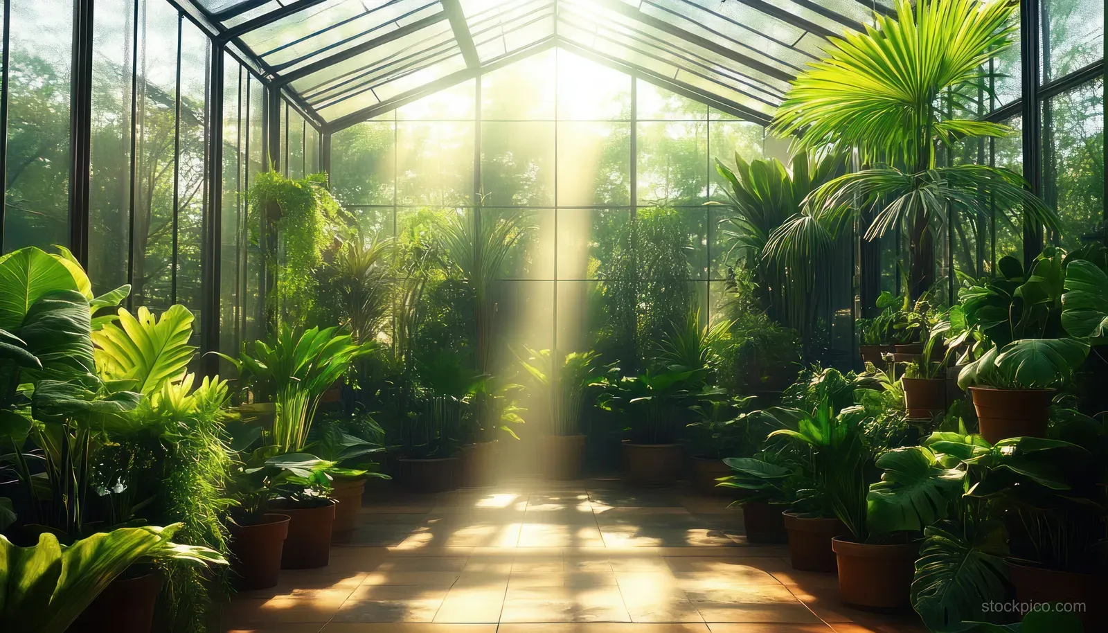 Sunlit greenhouse walkway with potted tropical plants along glass walls and misty light beams.