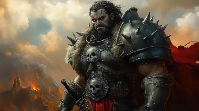 Fierce warrior in spiked armor stands amid a burning fantasy landscape