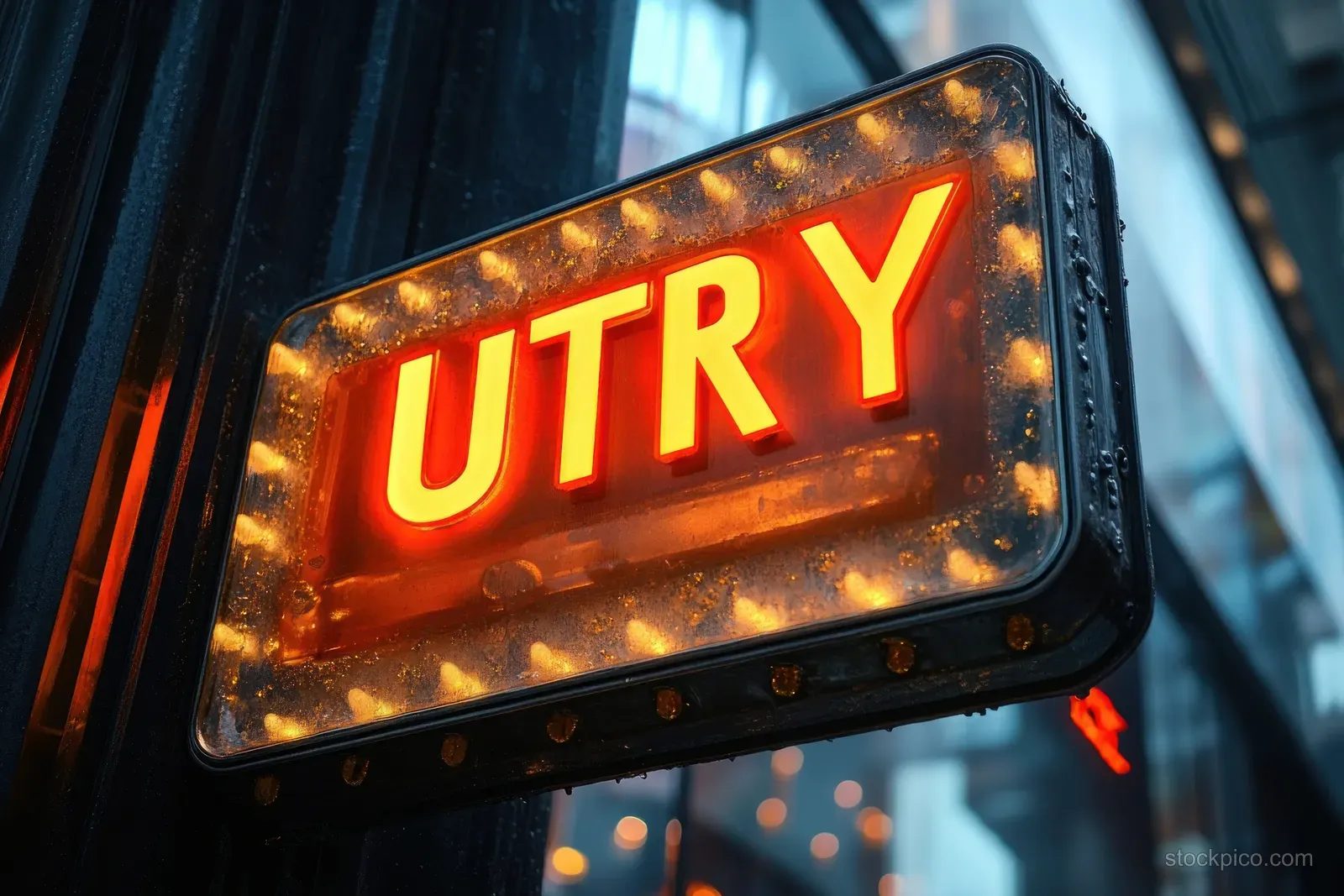 Rectangular vintage sign shows red U T R Y letters glowing with warm bulbs against an urban building at dusk.