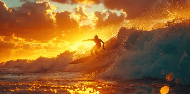 A surfer carving a wave on a wooden surfboard as golden sunset light splashes water around him.
