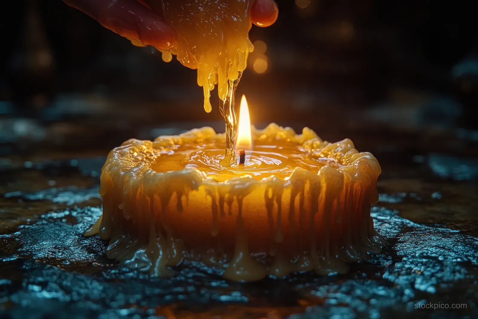 A hand pours melted wax into a lit candle, forming glossy drips around the flame.