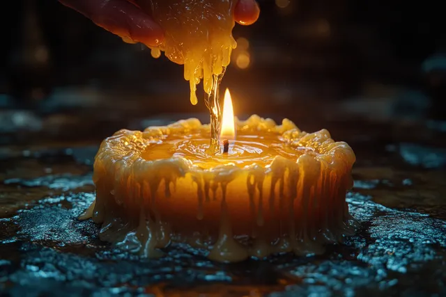 Hand pours melted candle wax into a glowing candle with flickering flame