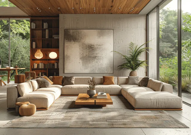 Beige sectional sofa in a Scandinavian living room facing an abstract canvas with daylight and potted plants.