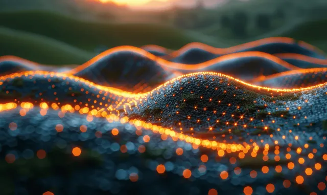 Surreal rolling hills at sunset with glowing orange network dots and flowing light lines