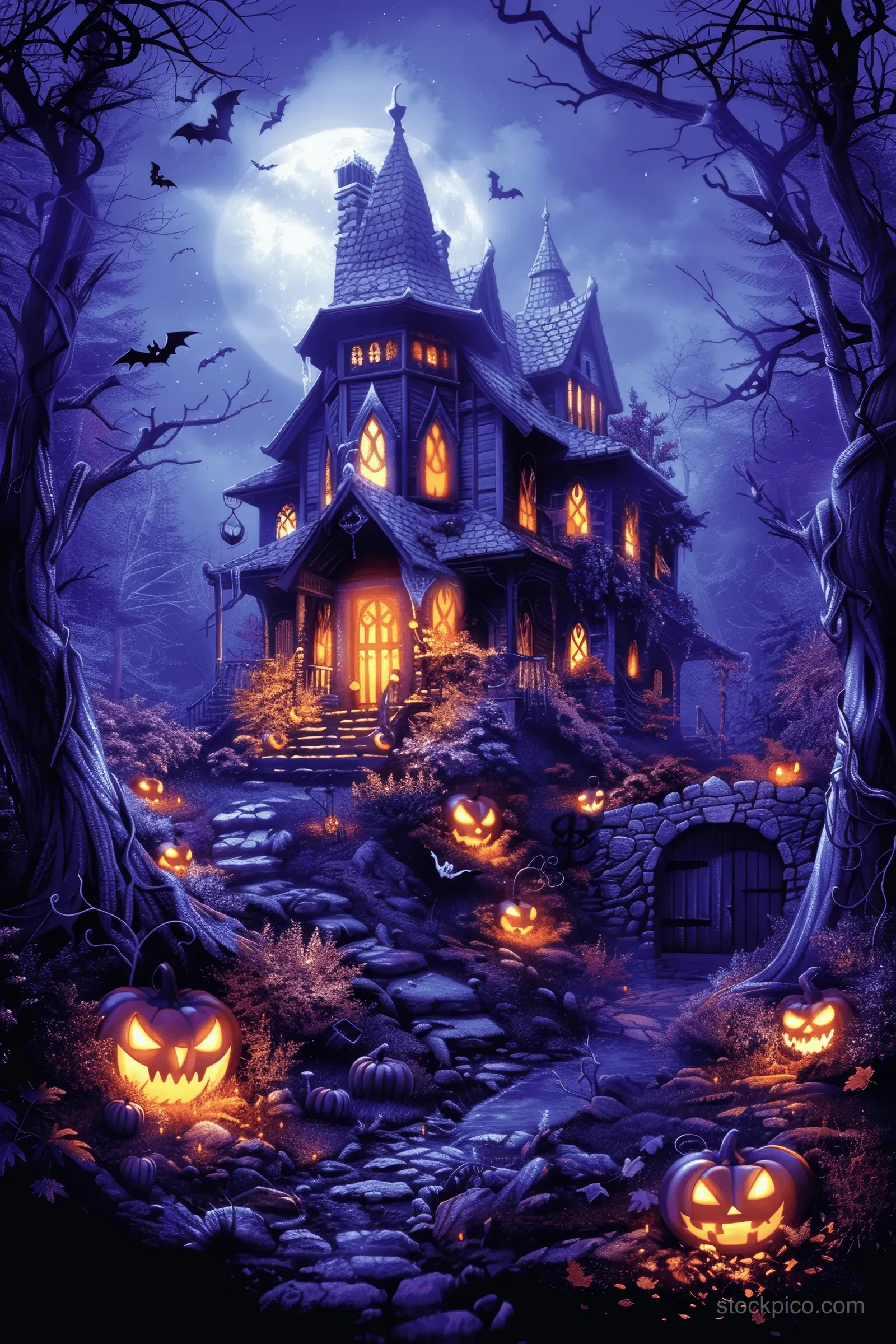 A haunted mansion glows in purple fog with bats flying and glowing pumpkins lining a dark path.