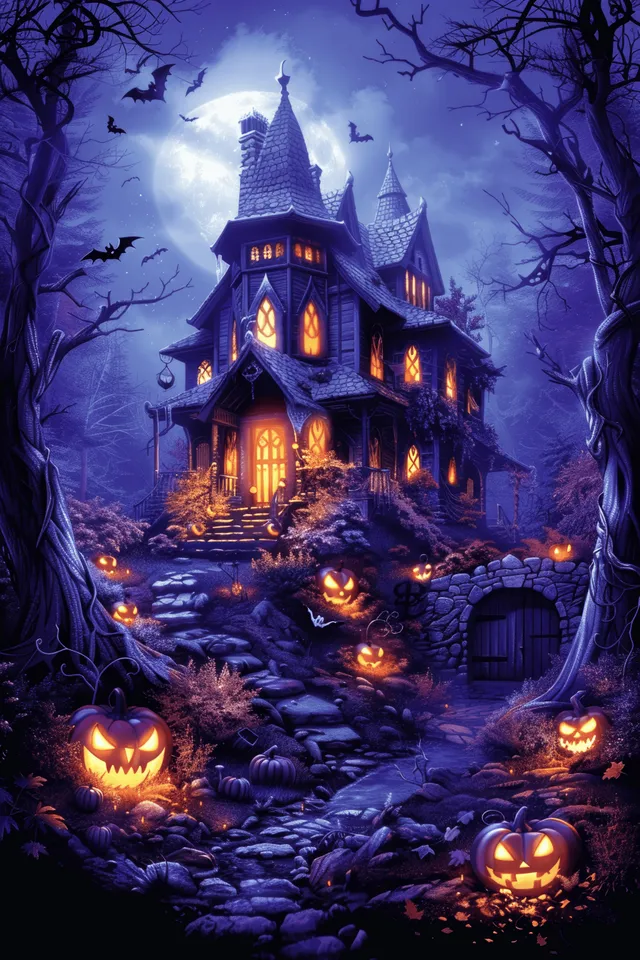 Haunted mansion at night with glowing pumpkins and bats flying through eerie purple fog