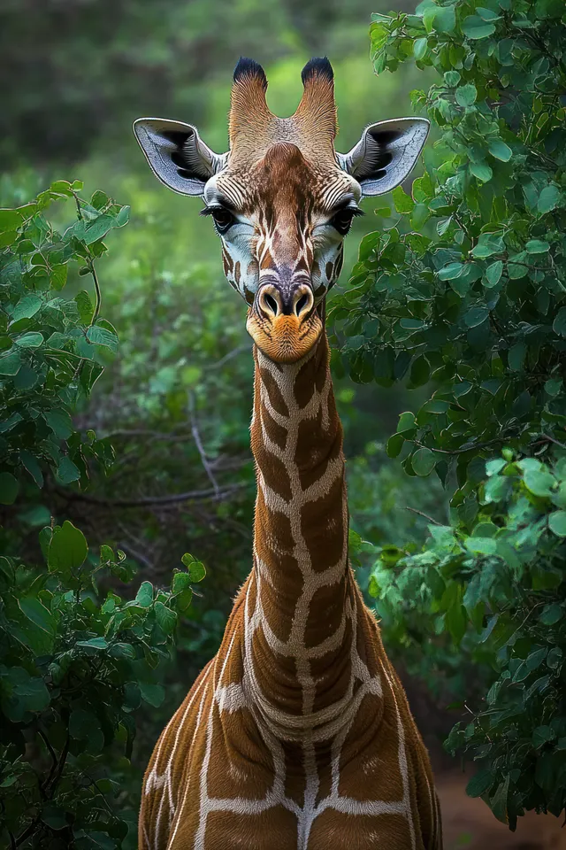 Giraffe close-up standing in dense green foliage, looking toward camera