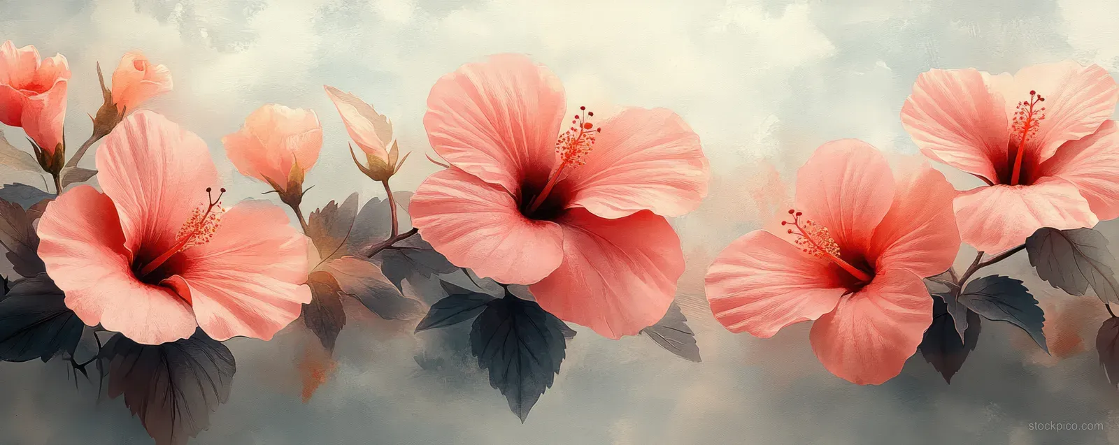 Coral hibiscus flowers with watercolor brushstrokes float over a soft gray background.