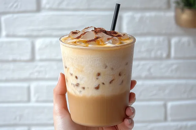 A hand holds a transparent iced coffee cup with a straw and chocolate sprinkles against a white brick wall.