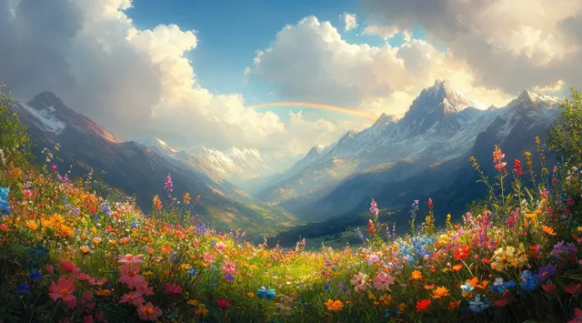 Rainbow over a wildflower meadow with colorful blooms in front of green mountains and dramatic clouds.