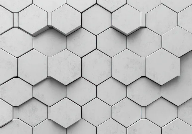 Raised white hexagonal tiles form a honeycomb pattern with soft shadows and varying heights.
