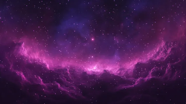 A vibrant purple nebula cloud spans deep space with scattered glowing stars and wispy cosmic dust.