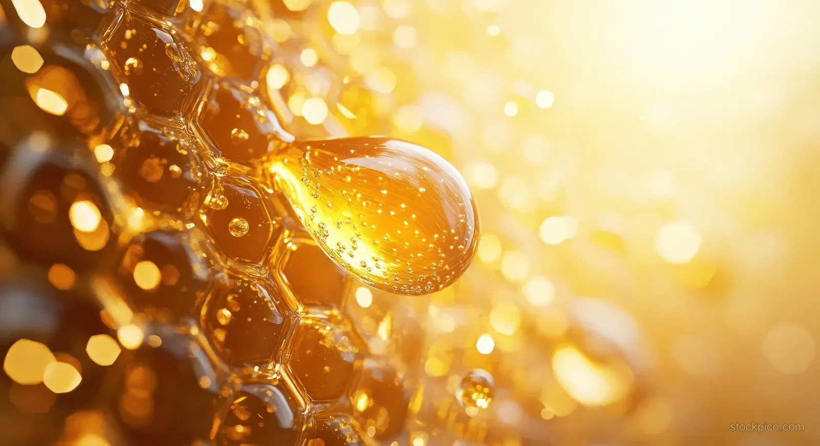 Golden honey droplets and bubbles glisten over a glossy surface with warm golden bokeh lights.