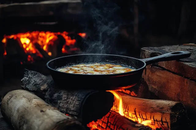Cast-iron skillet sizzling over fire in a rustic kitchen with Home Food Preparation
