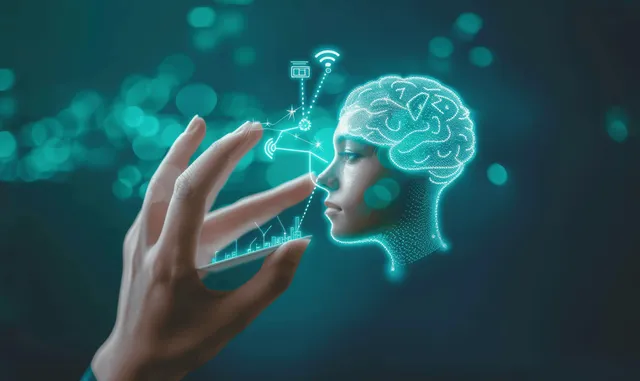 Hand holding a tray with glowing head icon and speech bubbles on blue AI backdrop