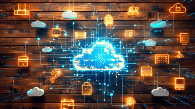 Glowing cloud network connects document and security icons with floating UI symbols over a wooden backdrop.
