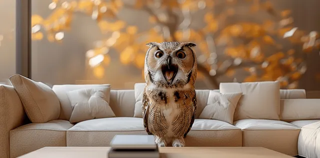 Surprised owl with open beak, isolated studio portrait against bright yellow backdrop