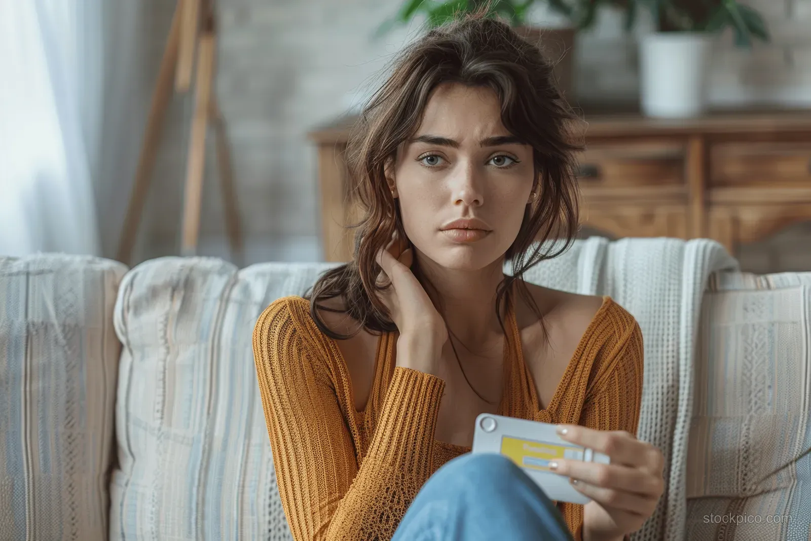 A worried young woman sits on a sofa holding a pregnancy test at home.