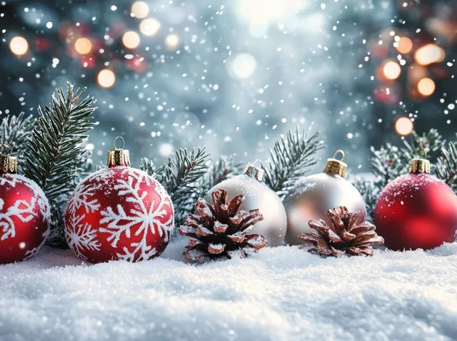Snow-covered pine branches with red and white Christmas ornaments and glowing bokeh lights