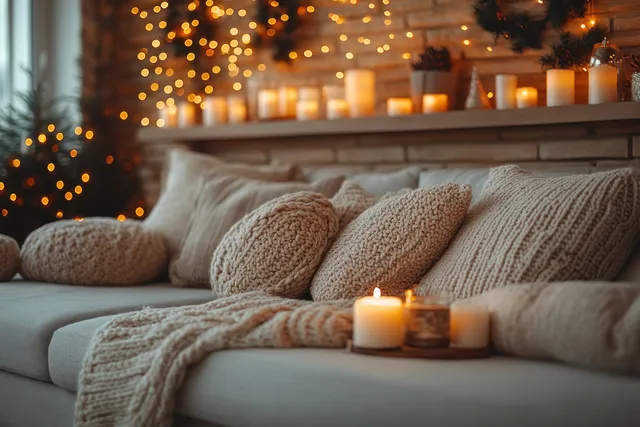 A cozy Christmas living room with a stylish sofa, soft pillows, candlelight, and minimalist holiday decor creates a warm atmosphere.