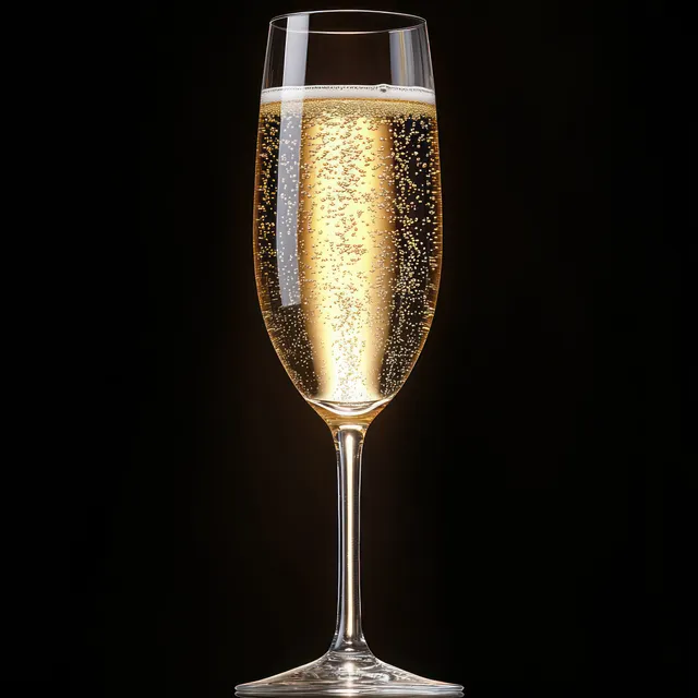 A champagne flute filled with golden sparkling liquid and microbubbles against a glossy black background.