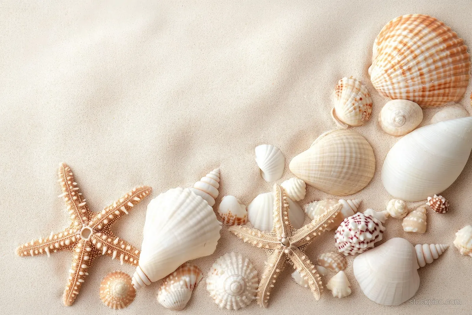 Top-down sandy beach surface covered with seashells and starfish arranged along the shoreline.