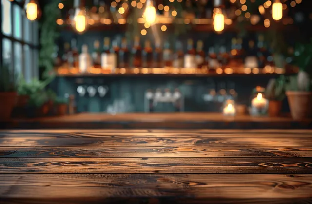 Wooden bar tabletop in front of a blurred pub interior with warm bokeh lights.