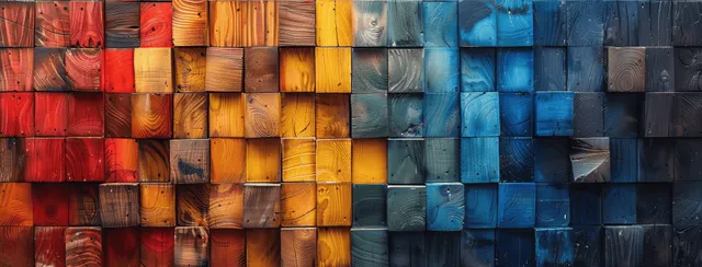 Rainbow wooden blocks arranged in a gridded wall pattern with vivid color gradients