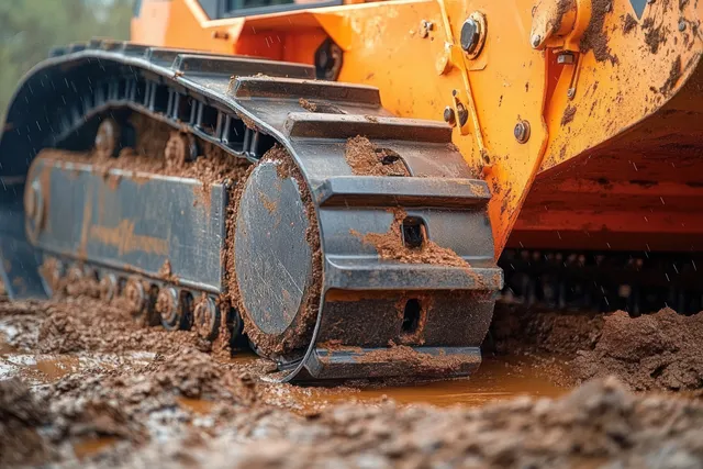 Orange excavator track and wheel roll through rain-soaked mud, splashing wet soil on a muddy worksite.