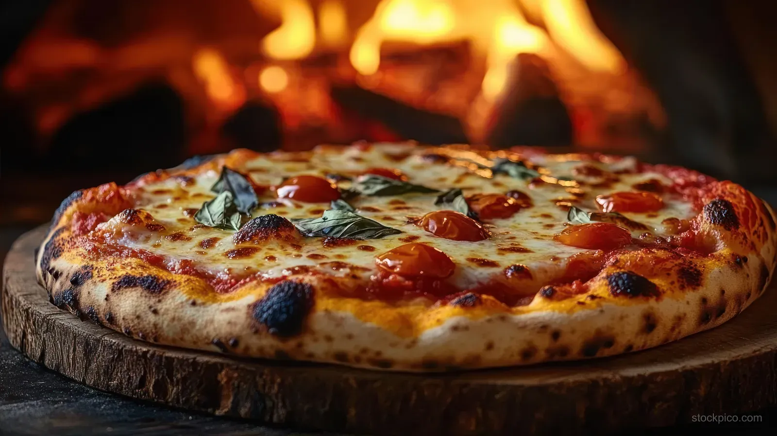 Wood-fired pizza with melted cheese and basil sits on a stone board as oven flames burn in the background.