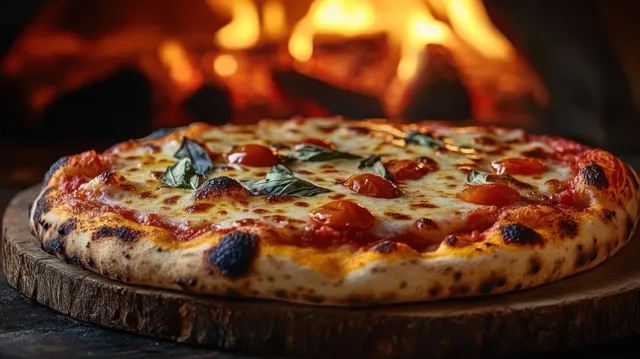 Wood-fired pizza with melted cheese and basil sits on a stone board as oven flames burn in the background.