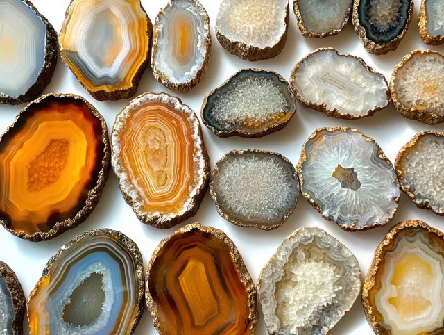 Polished agate and geode slices with layered orange, gray, and white crystals arranged on a white background.