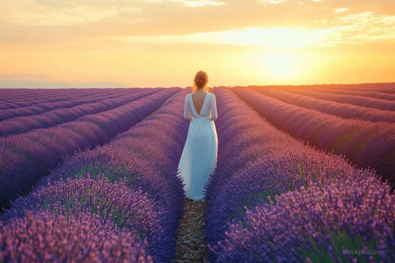 A woman in a white dress walks between rows of lavender at sunset.