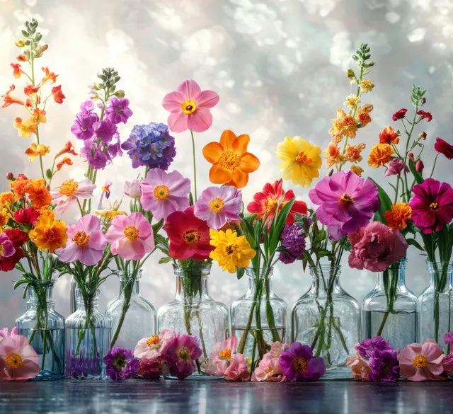 Colorful spring flowers in glass vases with tulips, daffodils, and hyacinths