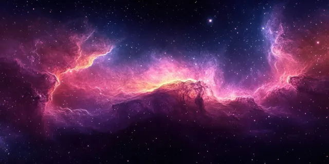 Pink and purple nebula clouds swirl through deep space with scattered stars and glowing light reflections.