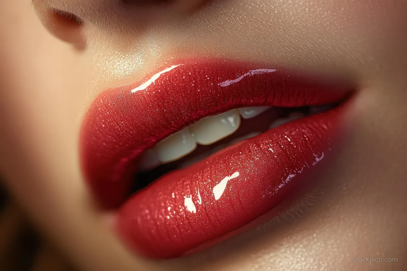 Glossy red lips slightly parted reveal white teeth and soft skin texture in a close-up.