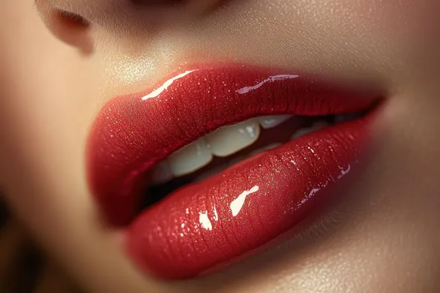 Glossy red lips slightly parted reveal white teeth and soft skin texture in a close-up.