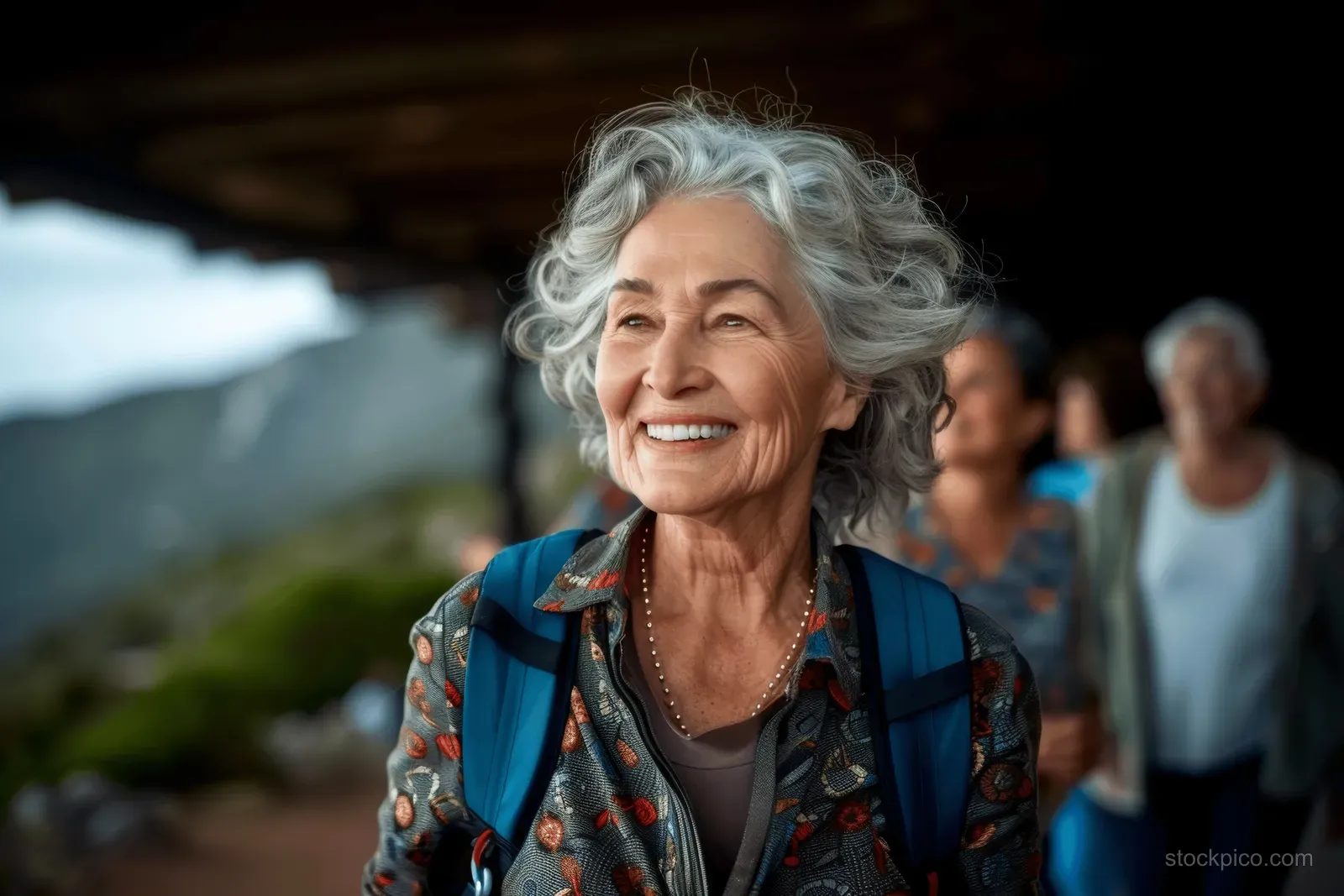 Smiling senior woman in a fitness center setting with fellow seniors dancing in the background.